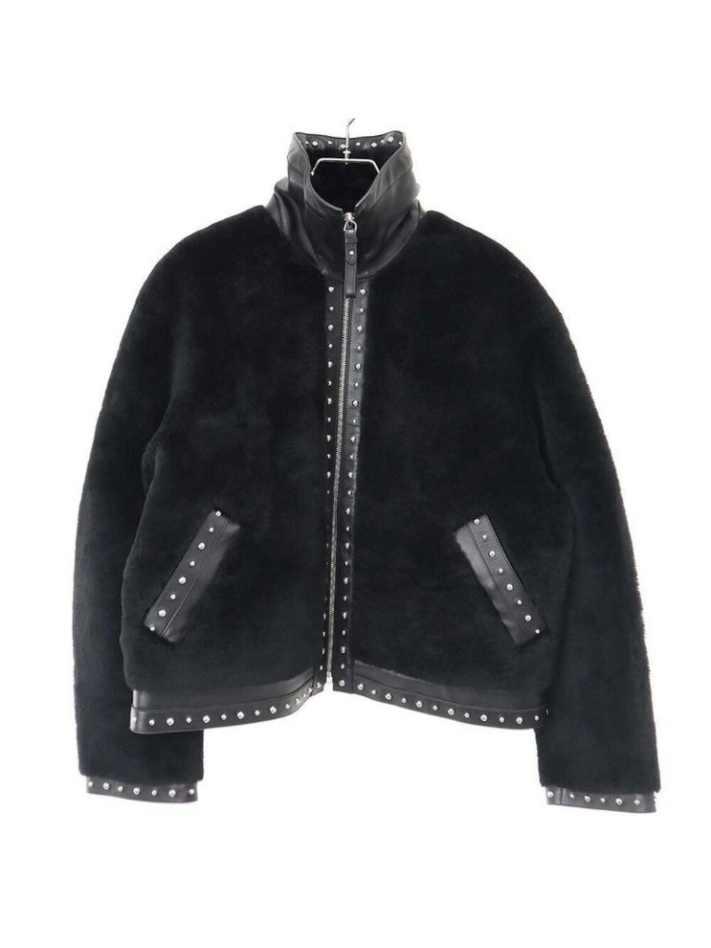 Hermes 24 AW Lamb Mouton Fur Studded Leather Jacket 4 H1242 D5 Black 36